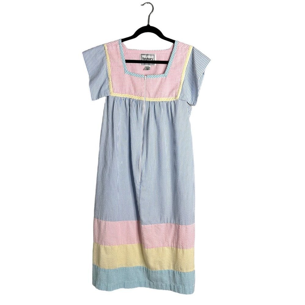 Vintage Saybury Seersucker Pastel Striped Nightgown Muumuu Dress